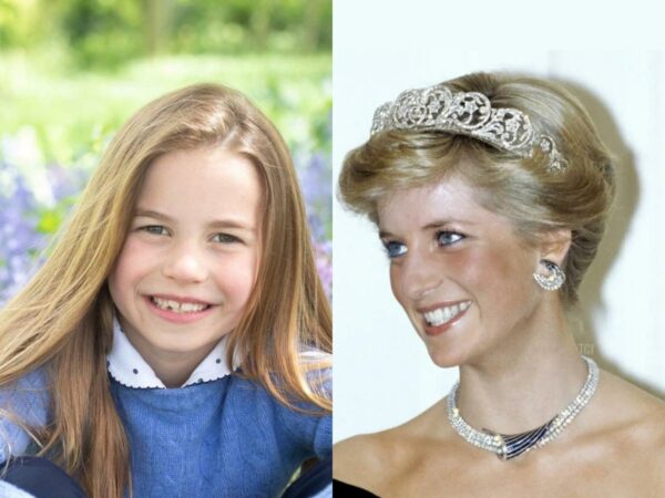 Rosto da princesa Charlotte e rosto da princesa Diana em montagem. Diana está usando a tiara Spencer, enquanto Charlotte está sentada gramado.