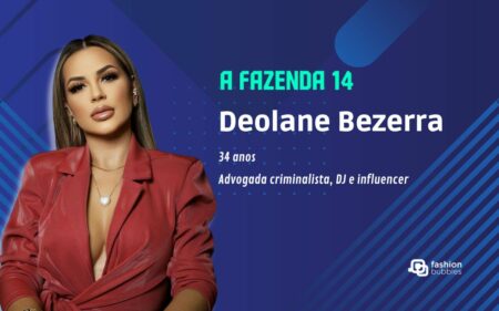 fundo azul com nome, idade, profissão e foto de Deolane Bezerra, participante de A Fazenda 2022