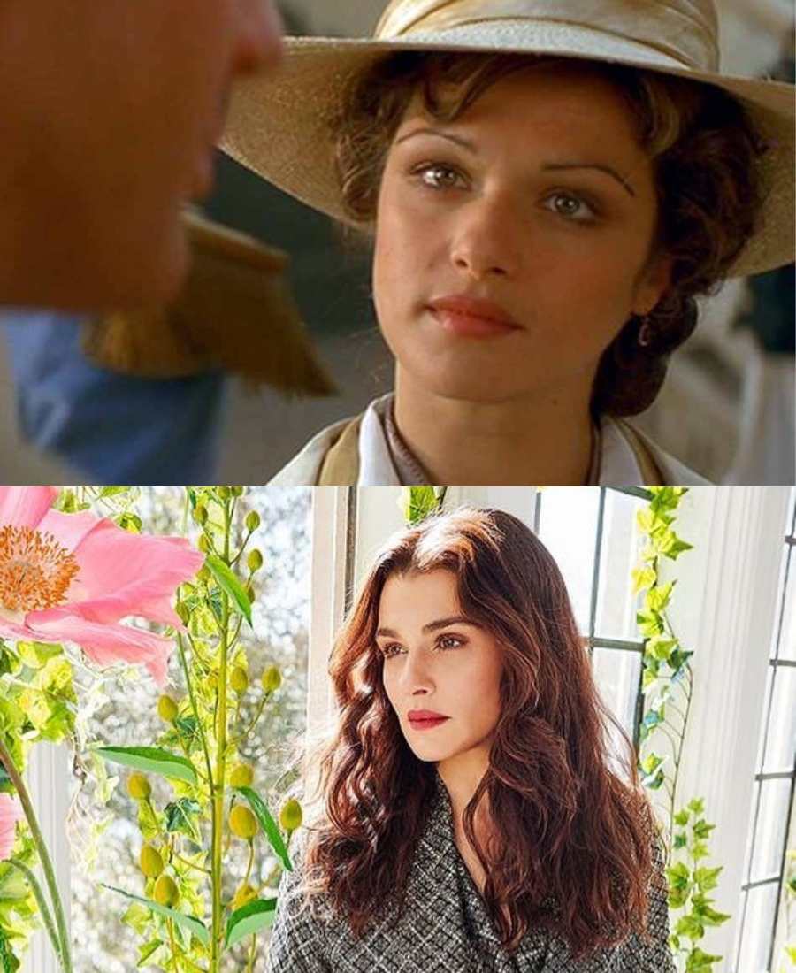 Rosto de Rachel Weisz em cena do filme "A Múmia" com chapéu. Rachel hoje sentada em janela com plantas e flores.
