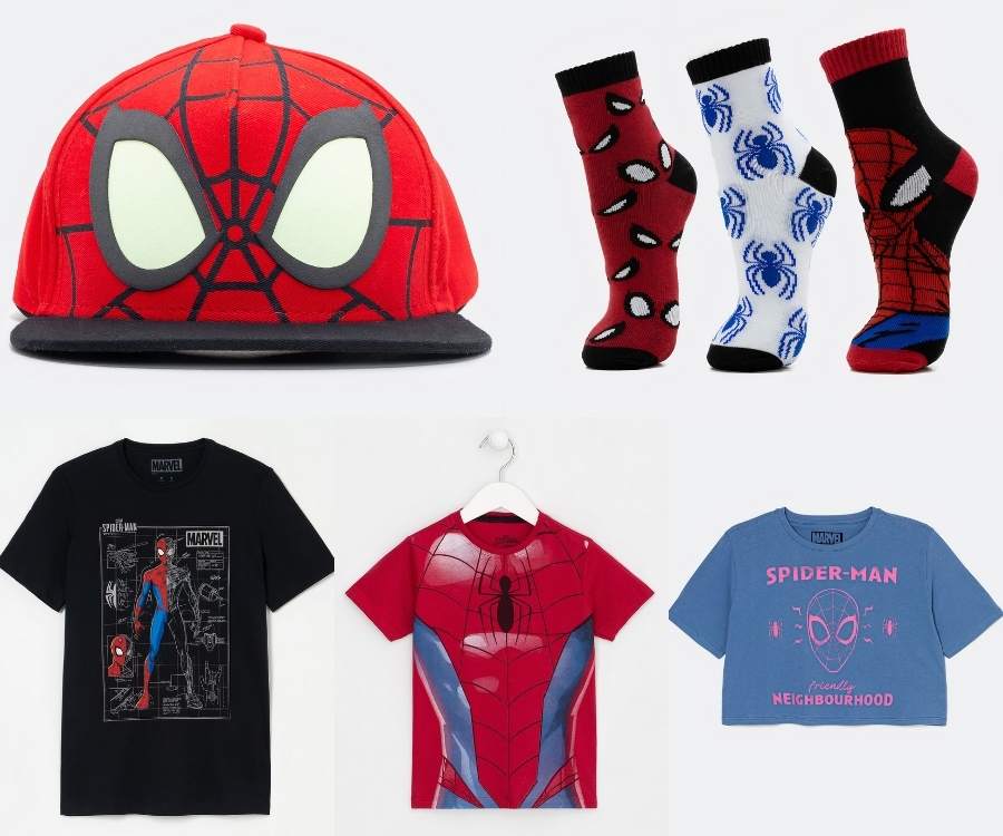 Produtos de lançamento da Renner de 60 anos do Spyder Man. Boné, meias, camisetas e crooped.