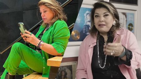Roberta Miranda em duas imagens. Uma sentada na escada mexendo no celular e outra na entrevista com Leo Dias.