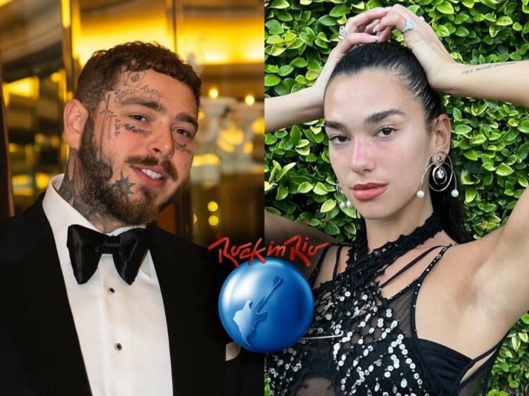 Artistas Post Malone e Dua Lipa em montagem com logo do Rock in Rio. Post Malone está usando terno em fundo iluminado. Dua Lipa está com as mãos nos cabelos e em seu fundo tem folhas verdes de plantação.