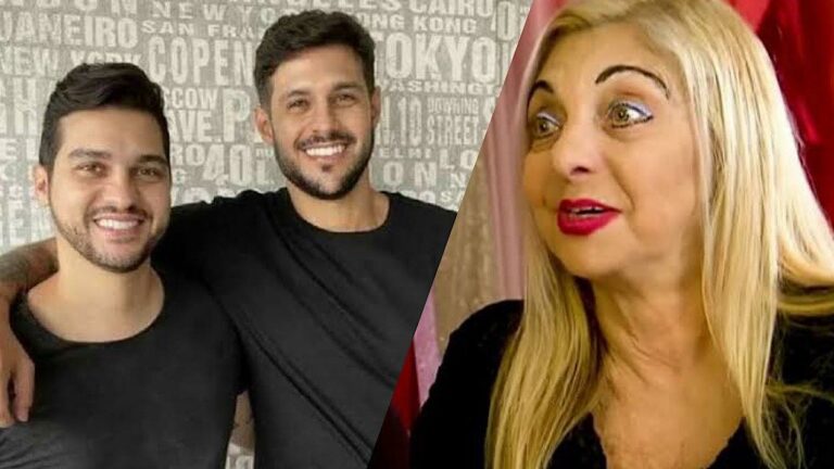 Duas imagens, na primeira, Rodrigo Mussi com o irmão, Diogo abraçados. Na segunda, Mara, mãe deles, dando entrevista para a Record TV
