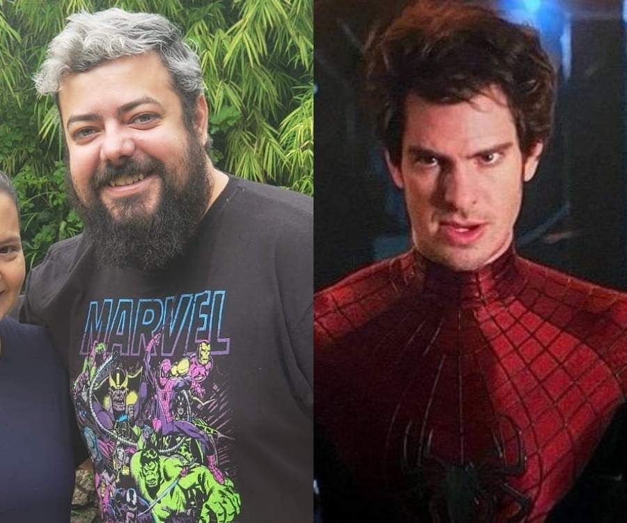 Foto do dublador Sérgio Cantú e do ator Andrew Garfield. Sérgio está ao lado de uma mulher, que não aparece na foto. Ao seu fundo, uma plantação verde. Andrew está vestido de homem-aranha, e com cara de braco em cena no filme.