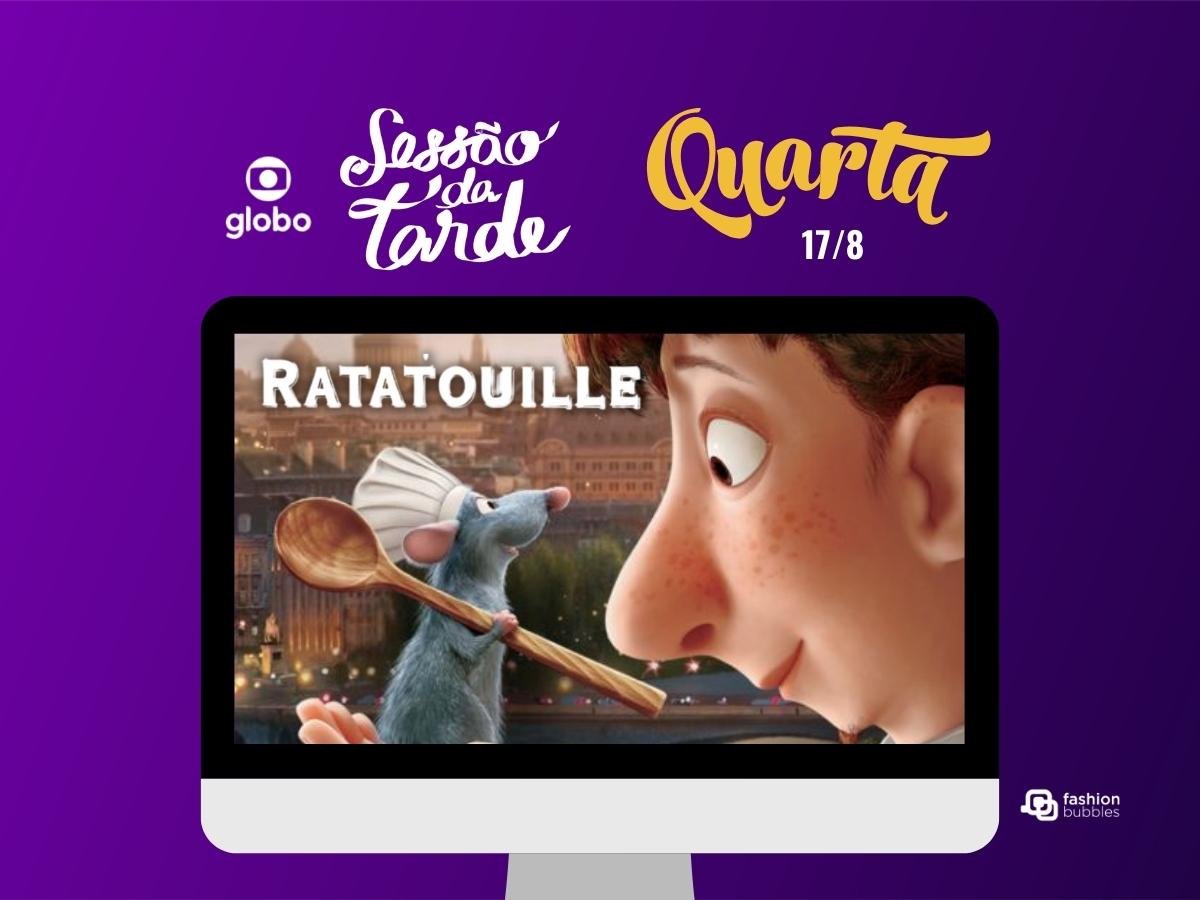 Desenho animado do filme Ratatouille em pequena televisão. Remy, o ratinho, está segurando uma colher e nas mãos do Linguini. No fundo, a cidade de Paris.