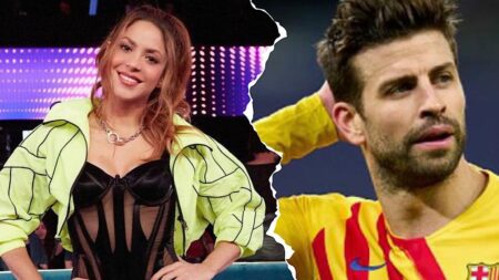 Duas imagens. Na primeira Shakira no no programa da NBC e Pique jogando no Barcelona.