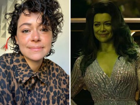 Montagem da atriz Tatiana Maslany ao lado de uma foto dela como a Mulher-Hulk