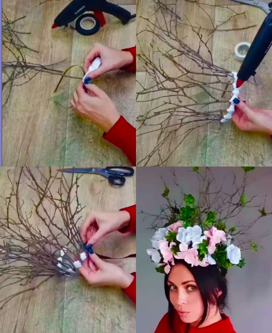 Montagem com tutorial de tiara de gravetos. A última das 4 fotos mostra o resultado da tiara.