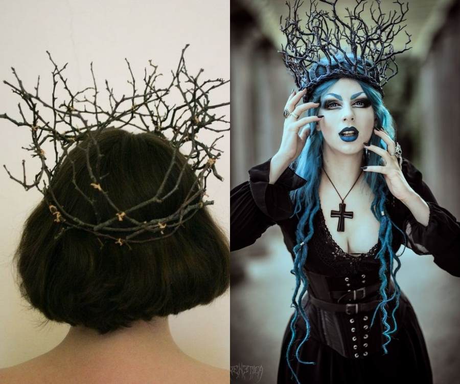 Duas fotos: 1ª, pessoa de cabelo curtinho com tiara de gravetos secos. 1ª, mulher de cabelo azul usando fantasia de bruxa e tiara de gravetos secos na cabeça.