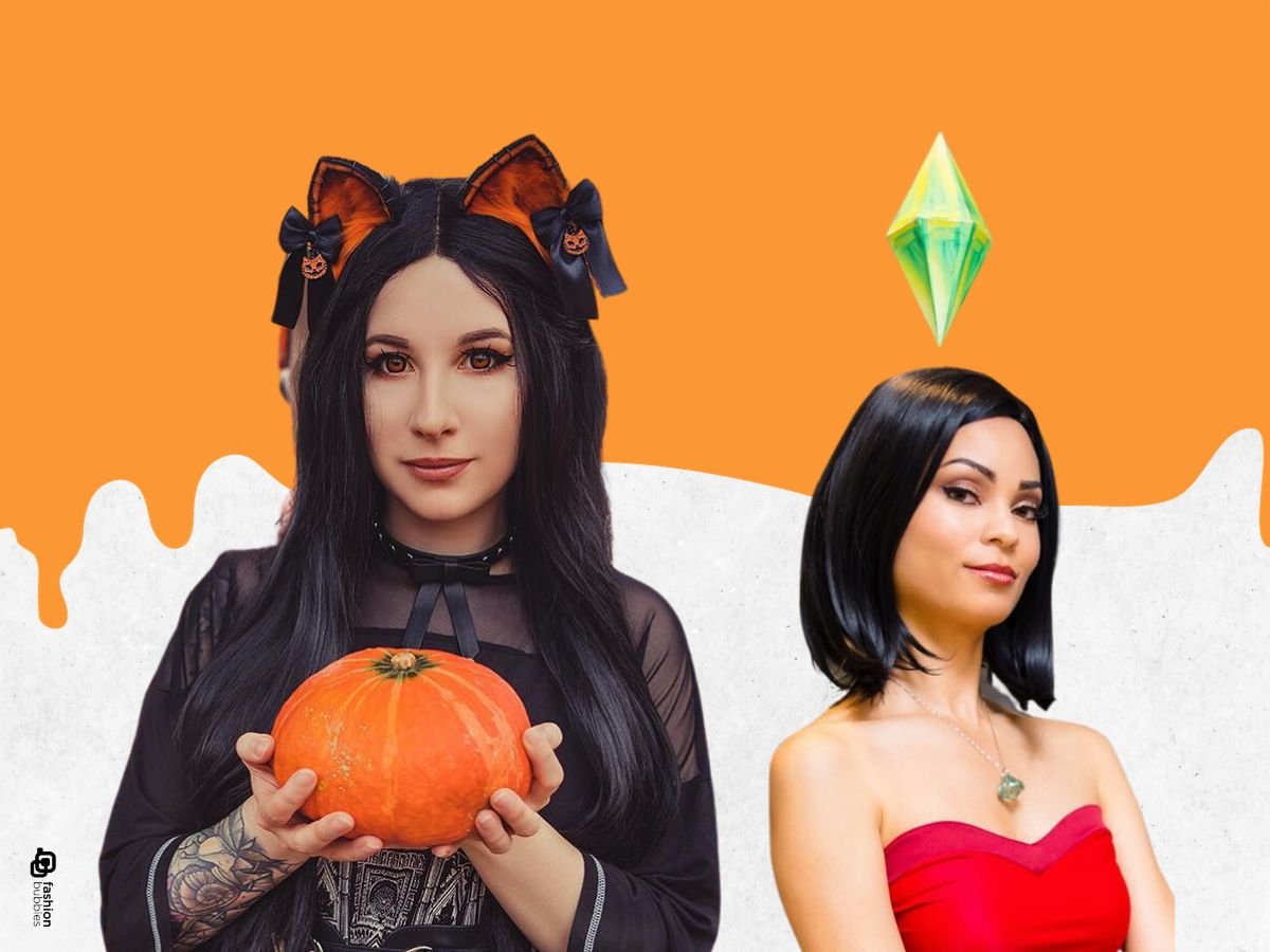 Mulheres fantasiadas uma usando tiara de orelhas de gato e outra tiara de Sim do The Sims, para o Halloween