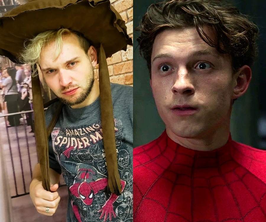 Dublador Wirley Contaifer com chapéu na cabeça e camiseta do spider-man. Na outra metade da foto, o ator Tom Holland. Ele está com cara de surpreso e usando traje do Homem-Aranha.