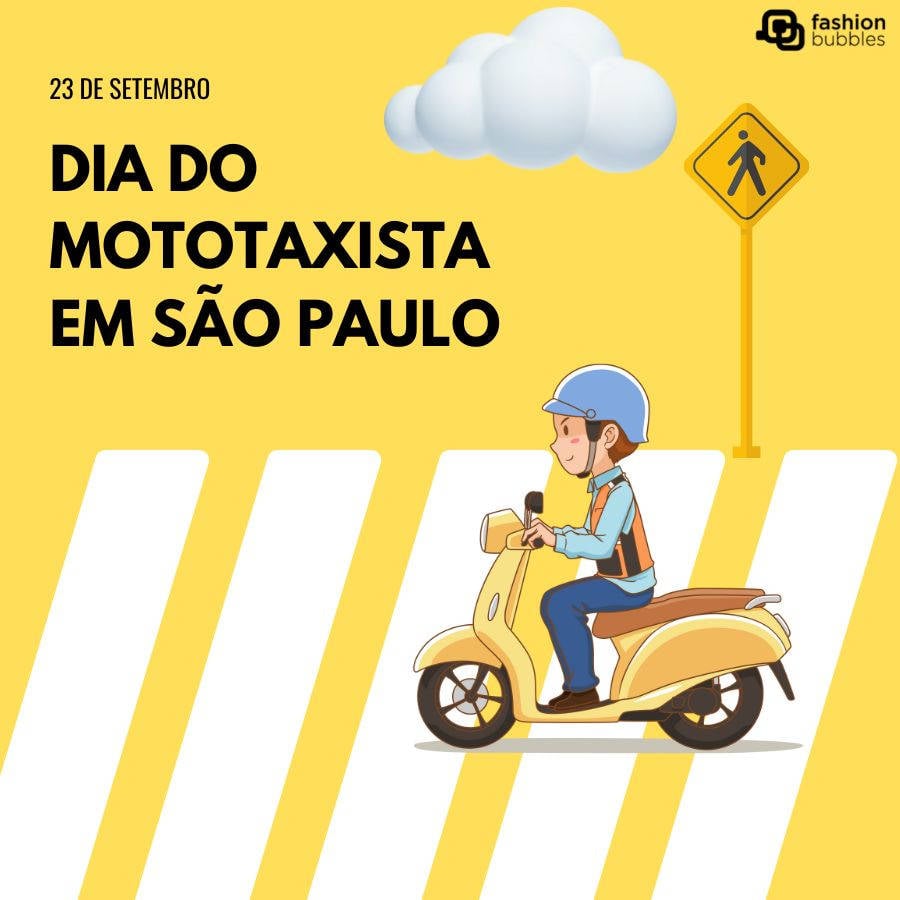 Ilustração em amarelo com desenho de homem em moto para homenagear o Dia do Mototaxista em São Paulo
