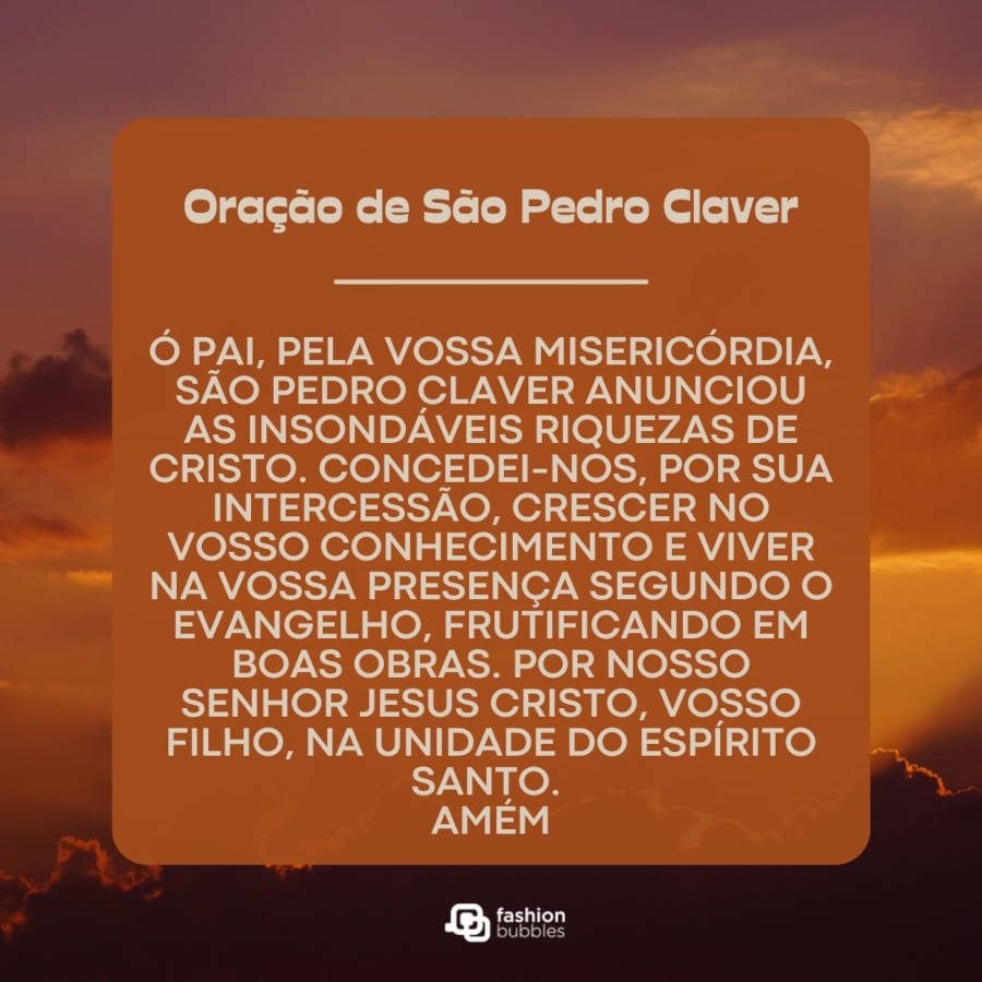 Foto de pôr do sol laranja com a oração de São Pedro Claver em destaque com o fundo laranja escuro