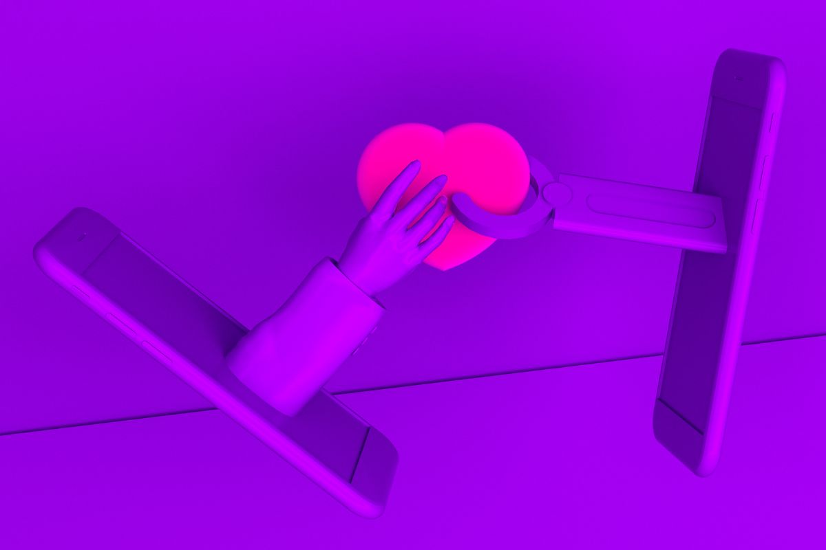 mão de pessoa e mão de robô saindo de dentro de celulares e segurando um coração, burnout afetivo