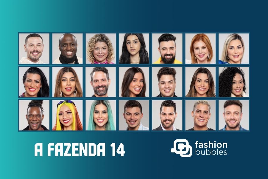 fundo azul com foto de rosto dos 21 participantes da Fazenda 2022