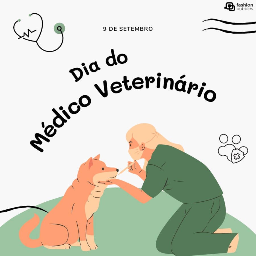 Ilustração de uma médica veterinária cuidando de um cachorro da raça Akita no dia do médico veterinário
