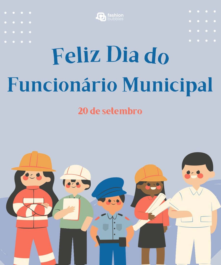 Ilustrações com diversos profissionais e a frase "Dia do Funcionário Municipal"