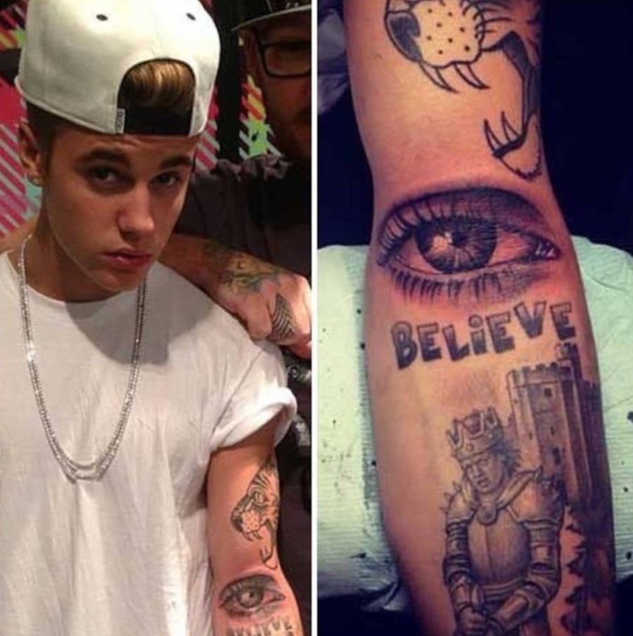 Foto de tatuagem no braço de Justin Bieber: os olhos de sua mãe