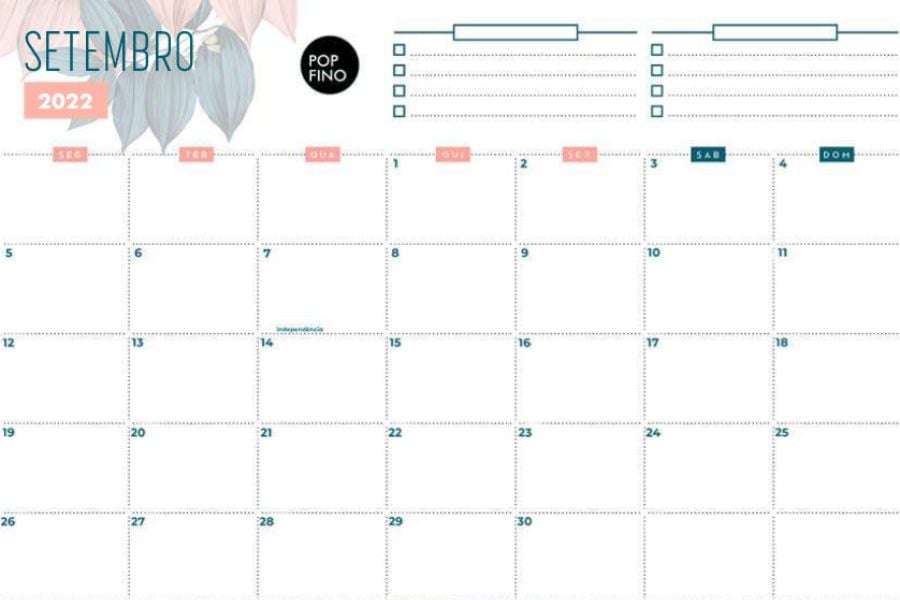 calendário de setembro de 2022 do site Pop Fino, em tons de azul e rosa com desenho de flores