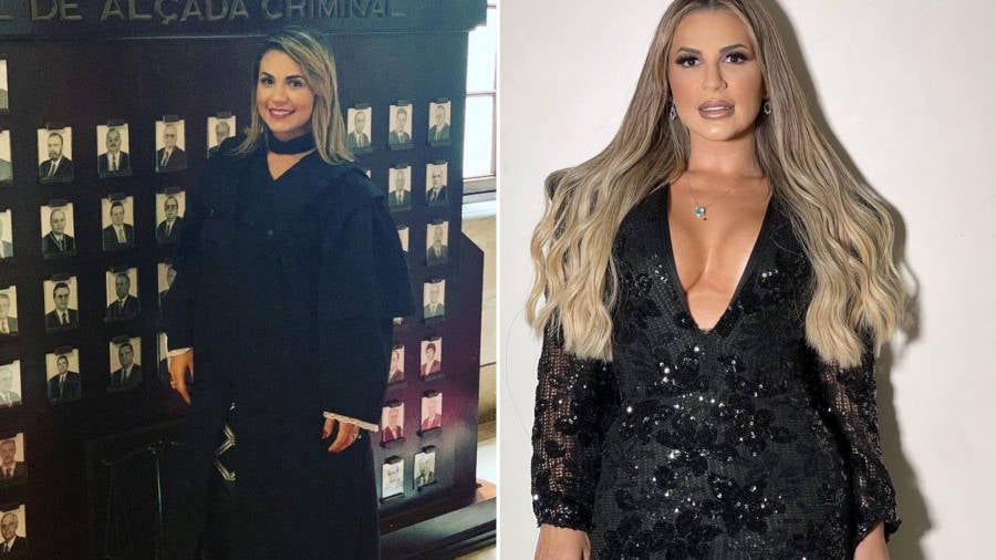 Foto antes e depois de Deolane, uma dela no tribunal e outra com vestido brilhante e cabelo longo
