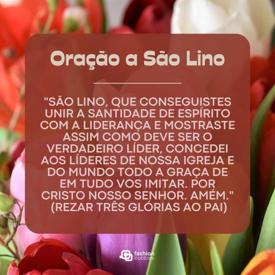 Foto de tulipas coloridas com a Oração a São Lino em destaque