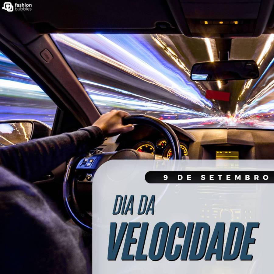 Foto de homem dirigindo em alta velocidade com a frase "Dia da Velocidade" e a data "9 de setembro" em destaque