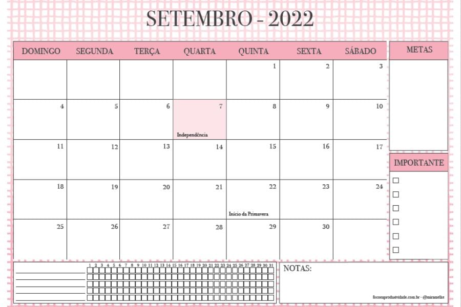 calendário mensal em tons de rosa e preto com fundo quadriculado