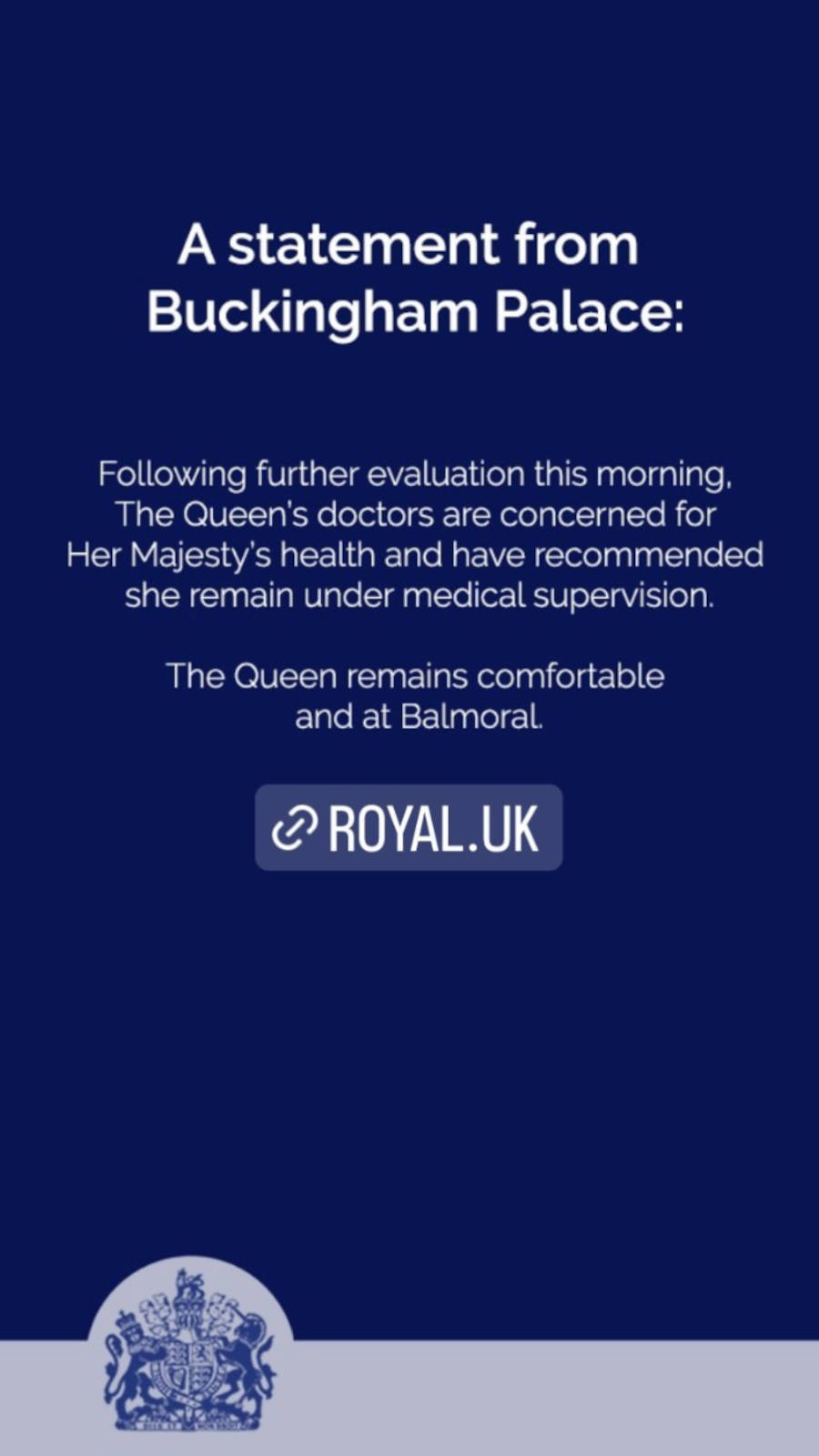 Foto da declaração oficial sobre o estado de saúde da Rainha Elizabeth