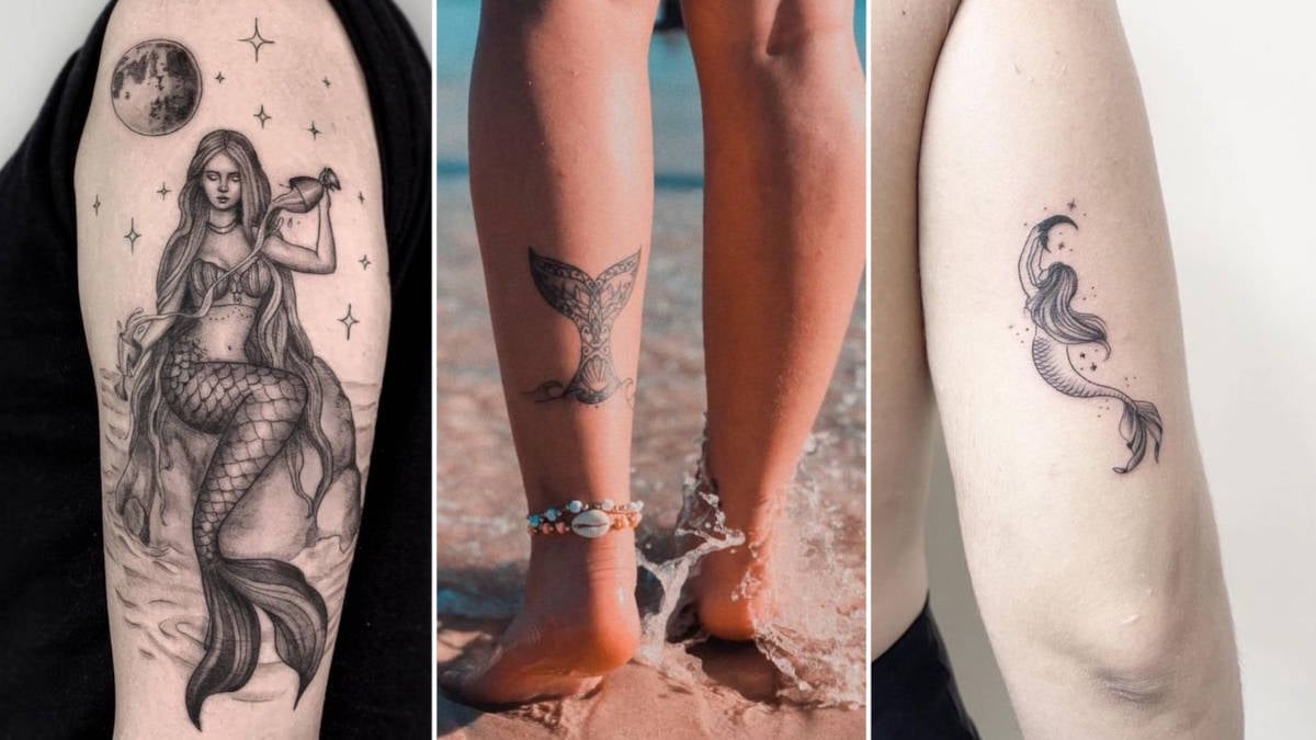 Foto de três tatuagens de sereias, a primeria grande no braço, a segunda uma calda de sereia na panturrilha e a terceira uma tattoo delicada no braço
