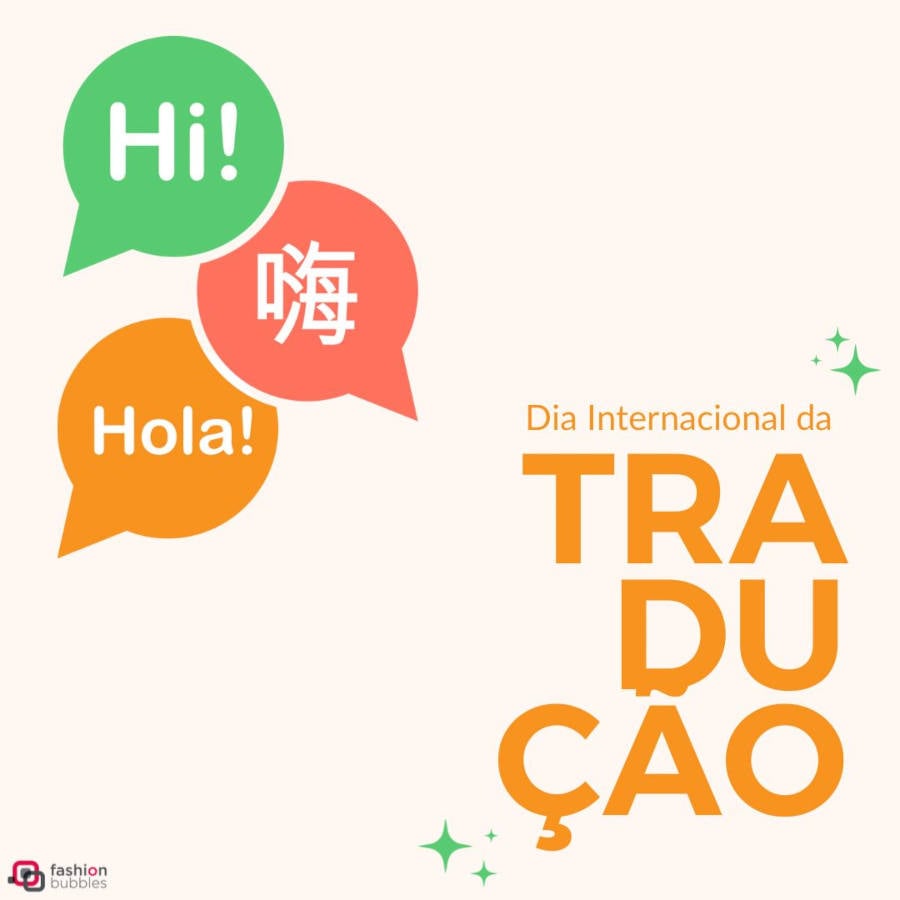 Ilustração com box de fala em inglês, japonês e espanhol em homenagem ao Dia Internacional da Tradução