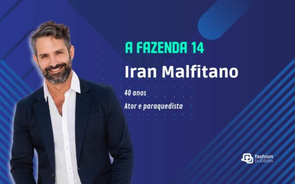 Photo of Iran Malfitano in blue, water green and white montage with participant information such as name, age and profession.