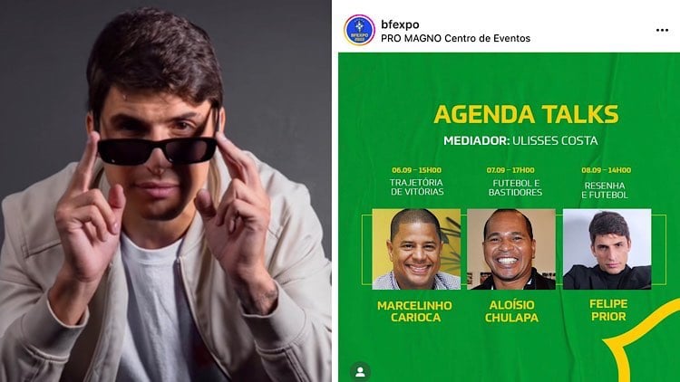 Felipe Prior faz pose tirando óculos escuros. E publicidade de uma de suas palestras em um evento esportivo.