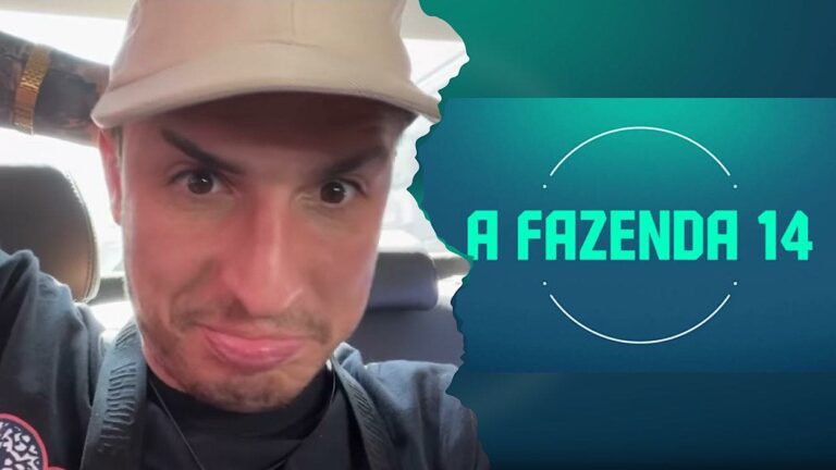 Felipe Prior fazendo careta ao lado, o logo de A Fazenda 14.