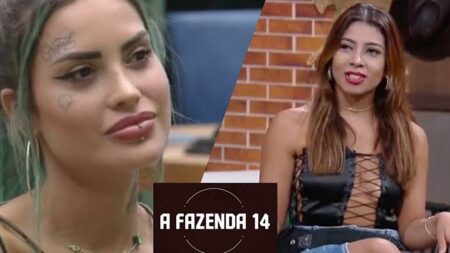 Tati e Ingrid em momentos diferentes em A Fazenda.