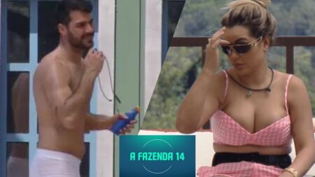 Duas imagens, Shay de cueca e Deolane de biquíni em A Fazenda.