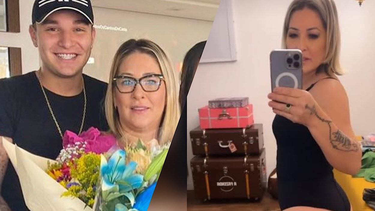 Claudia Castanheira, a Baronesa em dois momentos: ao lado do filho, MC Gui e em um storie do Instagram com as malas de A Fazenda ao fundo.
