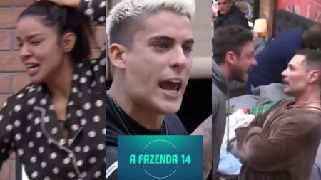 Kerline chorando, Tiago Ramos bravo e Vini encarando Alex.