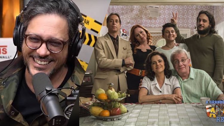 Lúcio Mauro Filho ao lado da foto do elenco da última de A Grande Família.