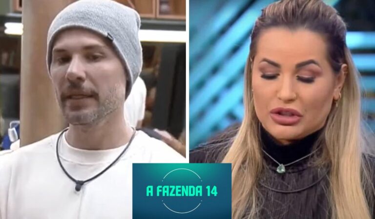 Montagem com fotos de Alex Gallete e Deolane Bezerra em A Fazenda 2022