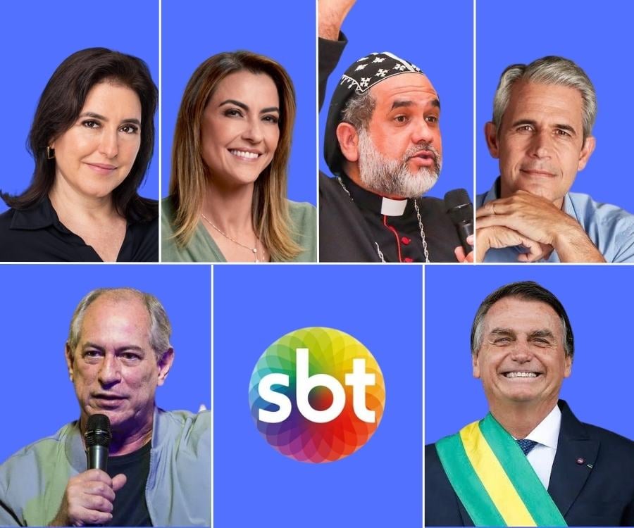 Foto do rosto de Bolsonaro, Ciro, Tebet, Soraya, d'Ávilla e Padre Kelmon com logo do SBT.