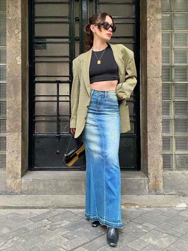 estilo com saia jeans longa