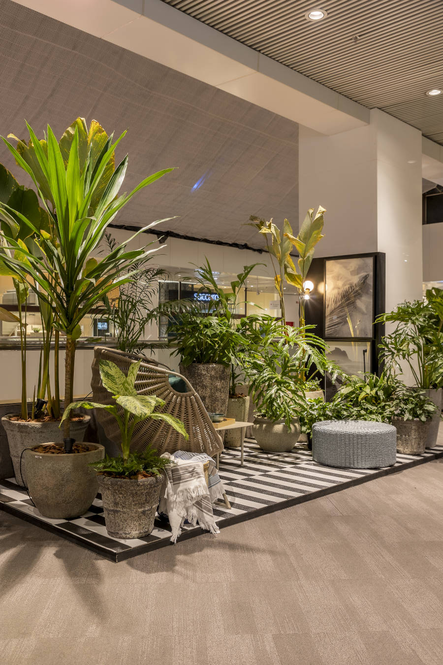 Jardim com chão listrado em preto e branco.