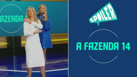 Foto de Ana Hickmann e Adriane Galisteu ao lado de uma montagem com o spoiler e A Fazenda