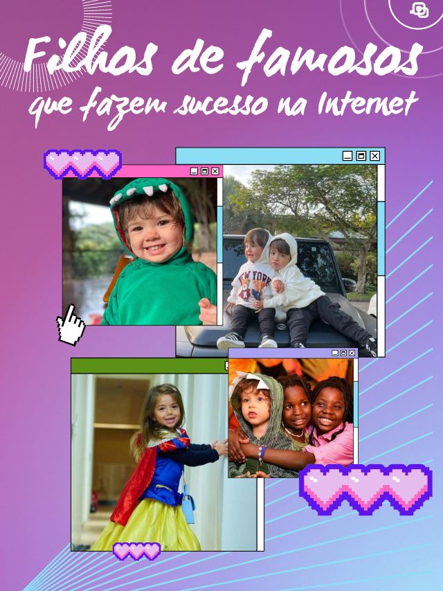 Montagem de filhos de famosos que fazem sucesso na internet com fundo em degradê roxo e fotos de crianças em telas de computador