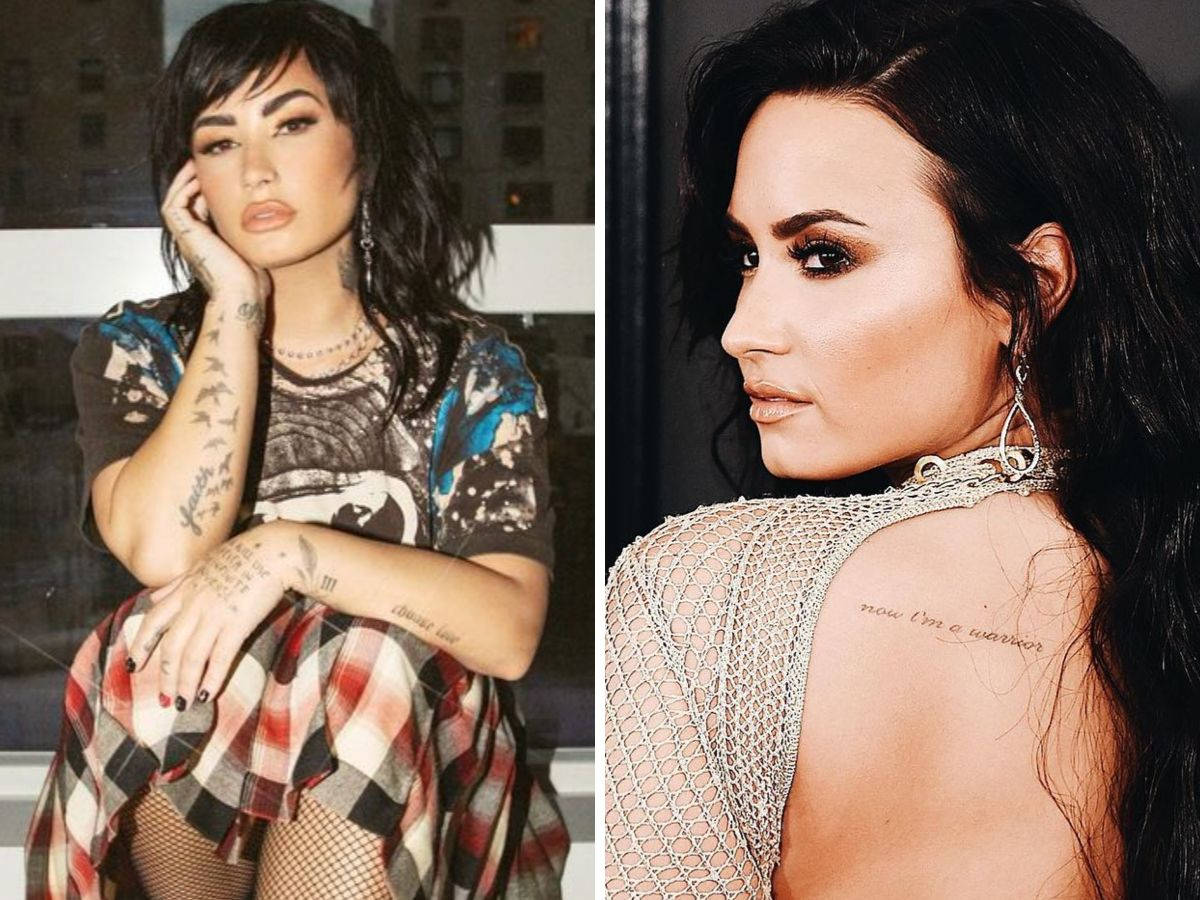 Montagem de duas imagens: Uma com Demi sentada mostrando as tatuagens no braço e uma com a Demi de costas
