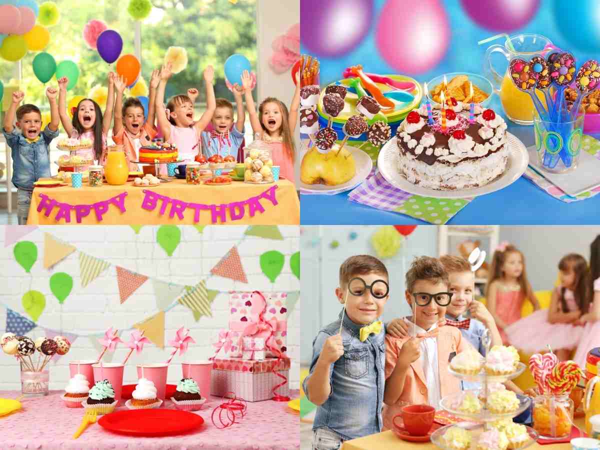 4 fotos com mesas postas de Dia das Crianças, com doces, bolos, bebidas, tudo muito colorido e rodeado por crianças sorridentes.