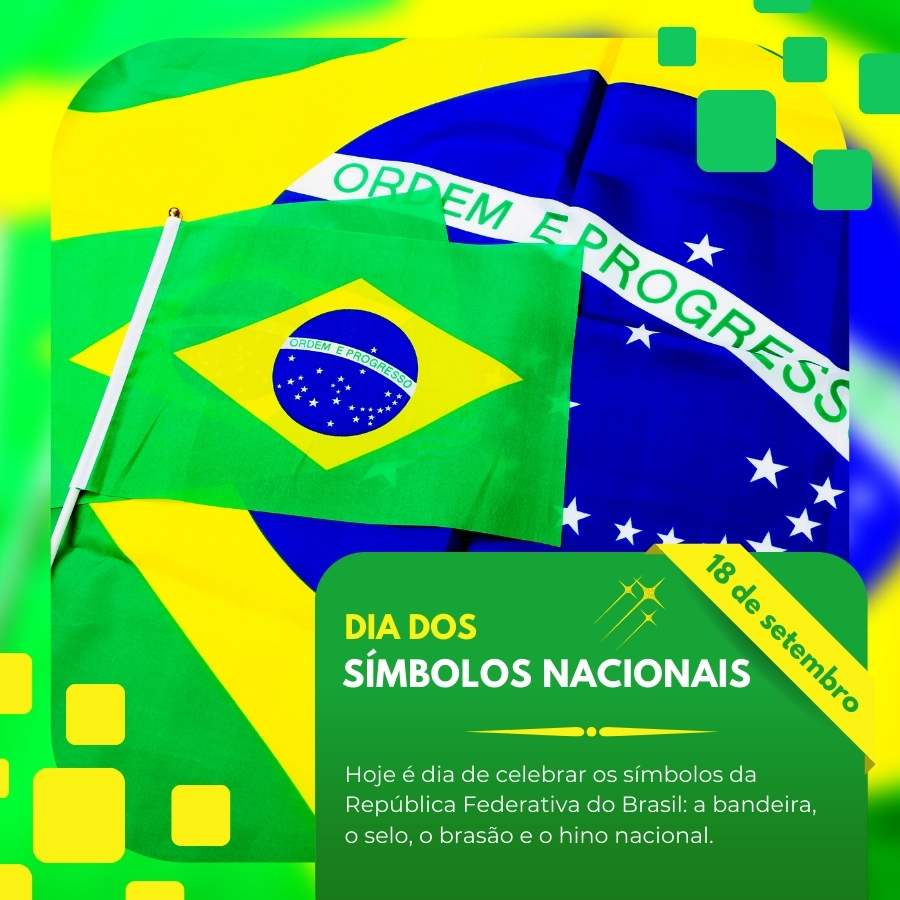 Foto da bandeira do Brasil com frase sobre os símbolos nacionais.