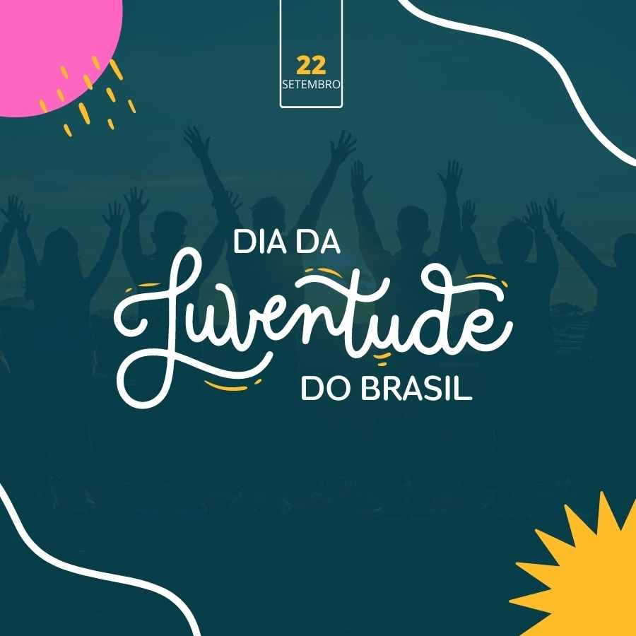 Dia da Juventude do Brasil escrito em foto de jovens com as mãos erguidas no fundo.