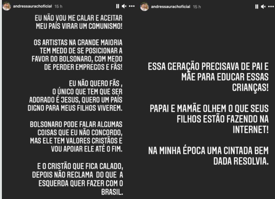 Andressa Urach faz post nas redes sociais apoiando Bolsonaro