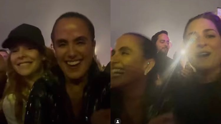 Fernanda, Carol e Eduarda fazem a festa na plateia enquanto Thiago canta no palco Favela do Rock in Rio
